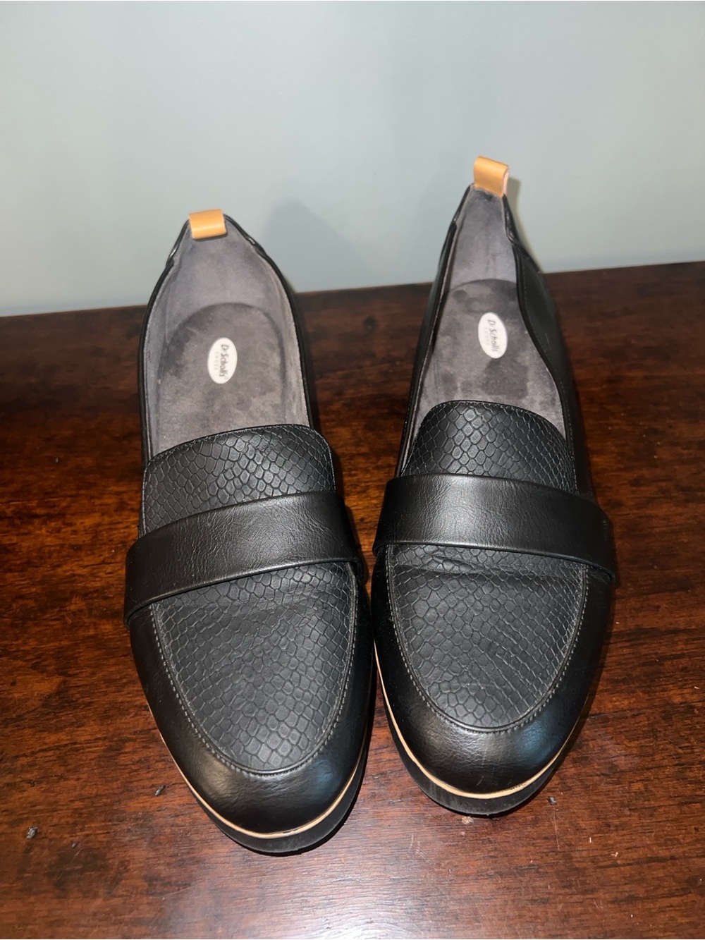Dr. Scholl's Black Textured Penny Loafers with Tan Pull Tabs